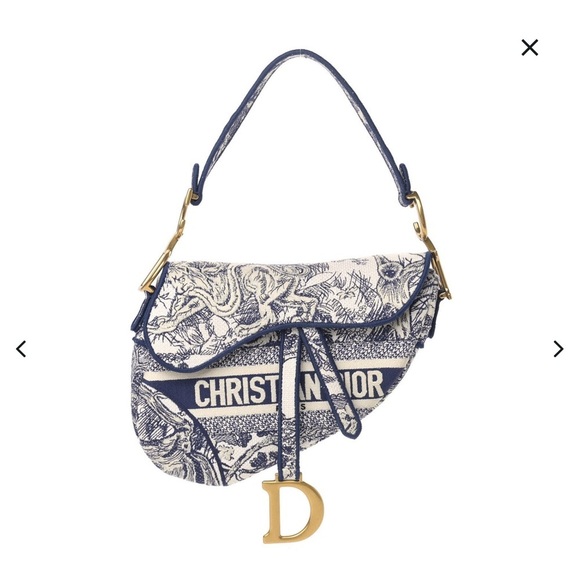 Christian Dior Canvas Embroidered Toile de Jouy Saddle shoulder Bag Blue - Picture 2 of 13